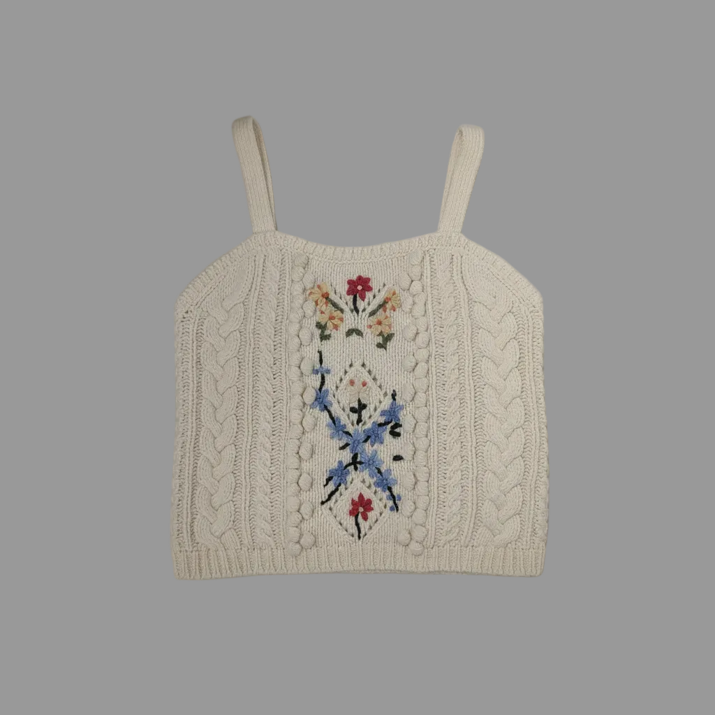 An off-white cable-knit crop top with thin shoulder straps and a central floral embroidery design in blue, red, and yellow, laid flat on a neutral gray background.