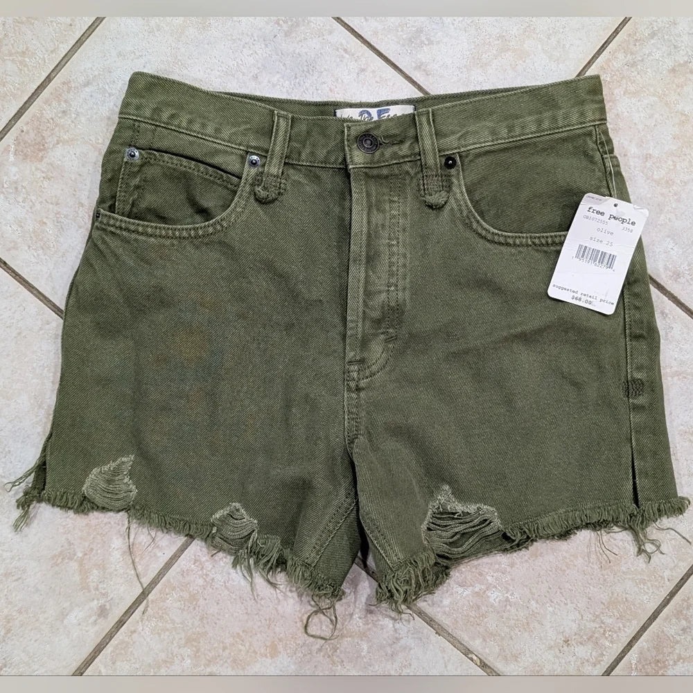 Distressed Olive Denim Shorts 25, New!